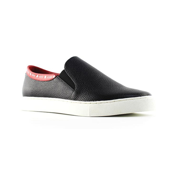 BLACK LEATHER ELASTIC SLIP ON SNEAKERS