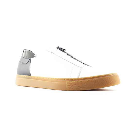 WHITE BLACK ZIP UP LOW-TOP LEATHER SNEAKERS