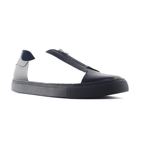 WHITE AND BLACK LEATHER LOW-TOP ZIP UP SNEAKERS